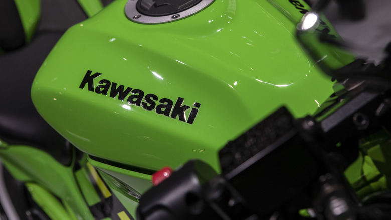 A close up photo of the Kawasaki logo on a one of their Ninja motorcycles.