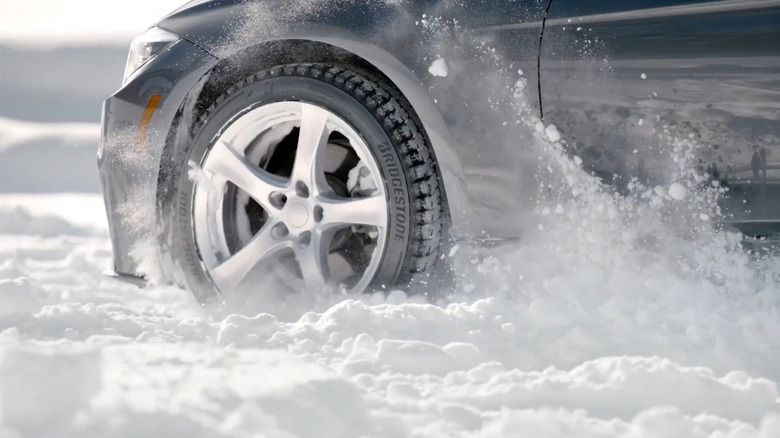 A close up shot of the Bridgestone Blizzak WS90 tire in use
