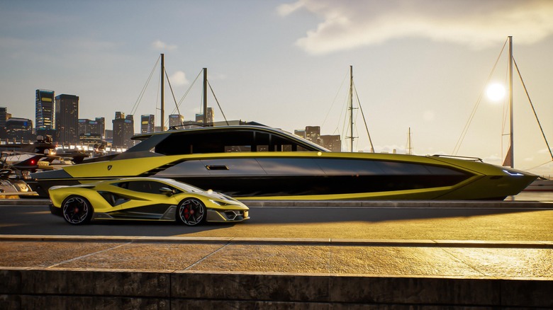 Yellow Lamborghini Superyacht and Lamborghini Fenomeno at dock