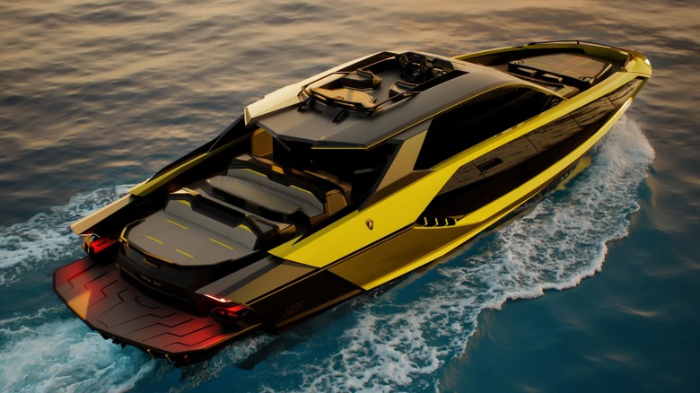 Rear 3/4 view of Lamborghini superyacht on water