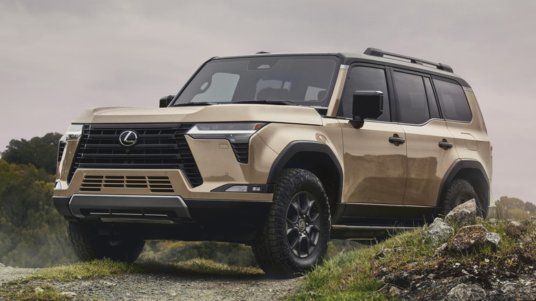 Front left view of gold Lexus RX SUV on gravel trail
