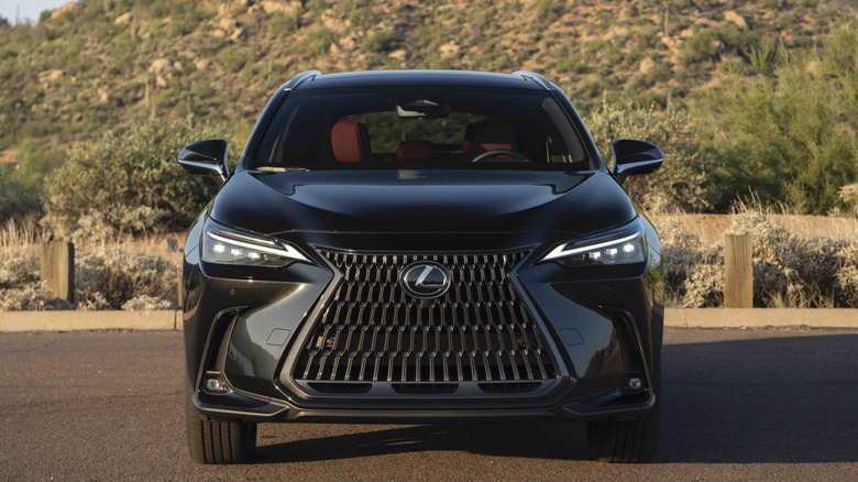 Front view of a black 2026 Lexus NX parked on a desert road.