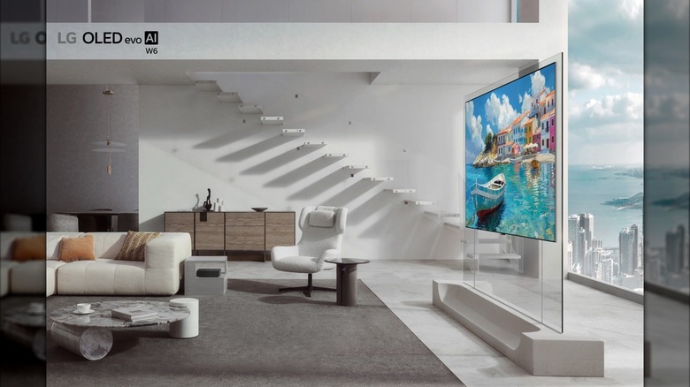 LG Wallpaper TV displaying artwork in an apartment room