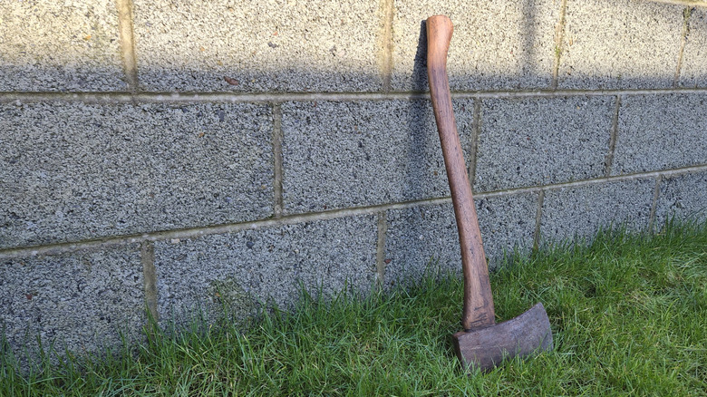 axe against a backyard wall
