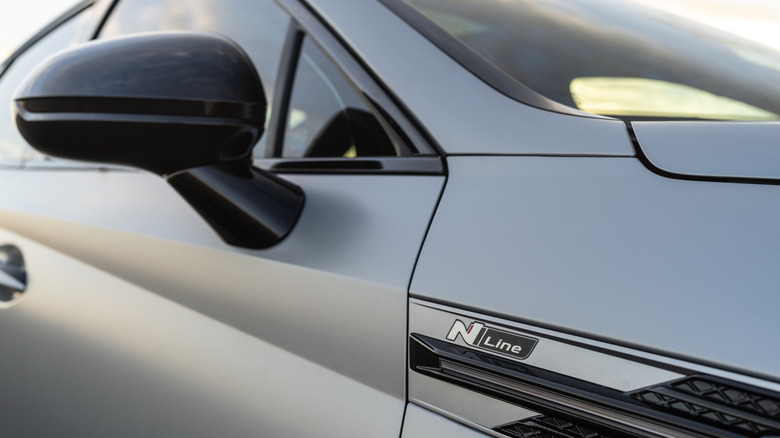 Close-up of 2026 Hyundai Sonata N Line side mirror and badge