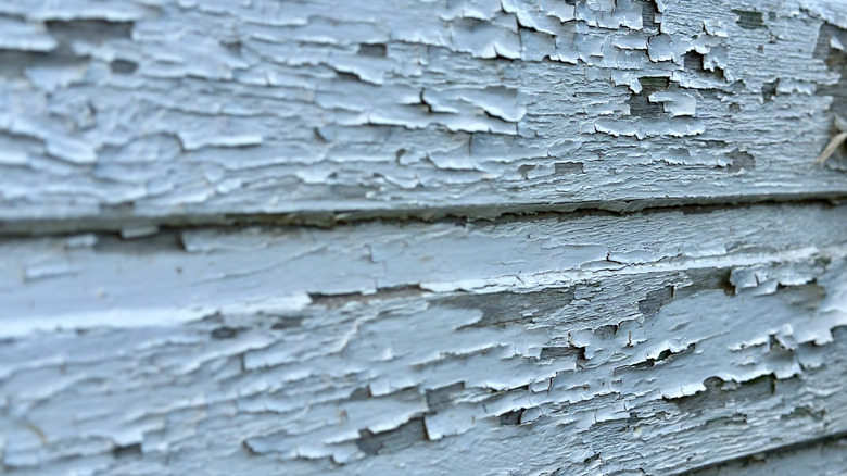 Cracking and peeling lead paint on a building.