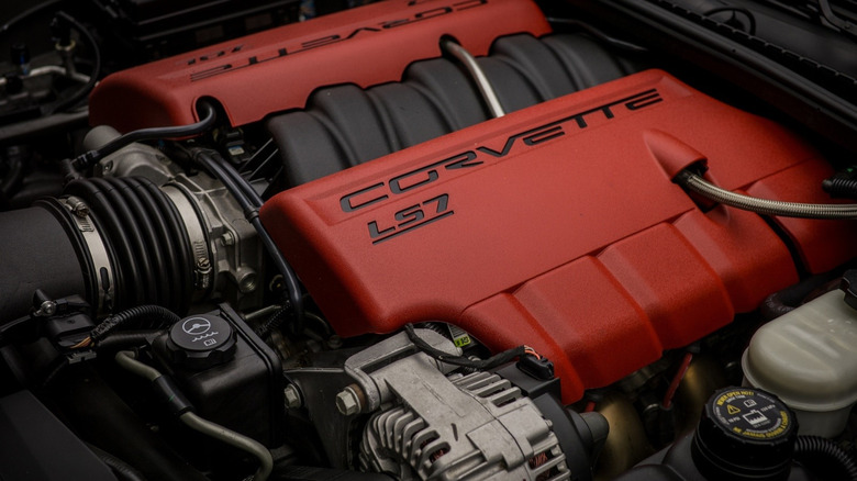 Close-up of an engine bay of a C6 Corvette Z06, featuring 7.0 liter LS7