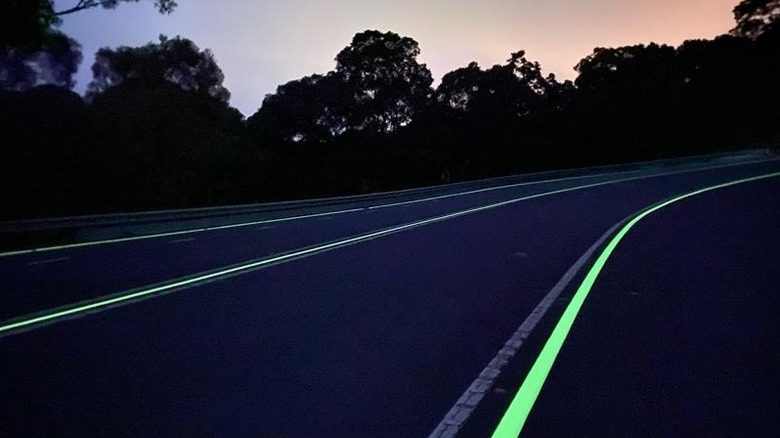 Glowing road markings on Bulli Pass in New South Wales, Australia