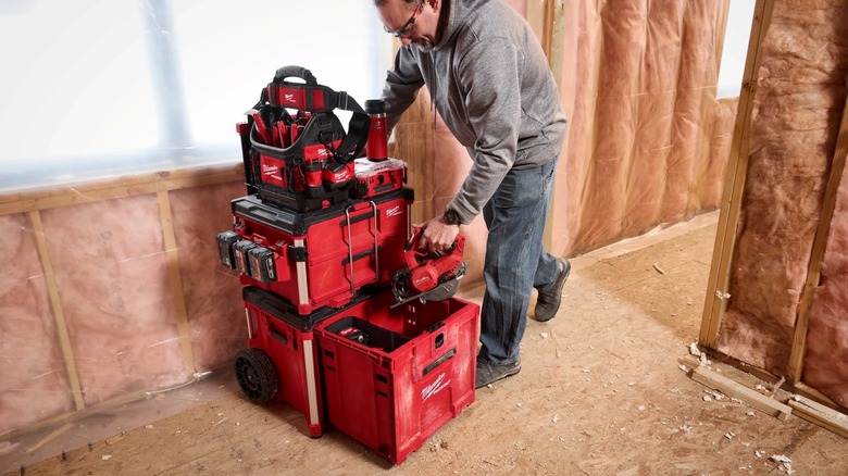 Milwaukee's Packout Rolling Drawer in use on a jobsite.