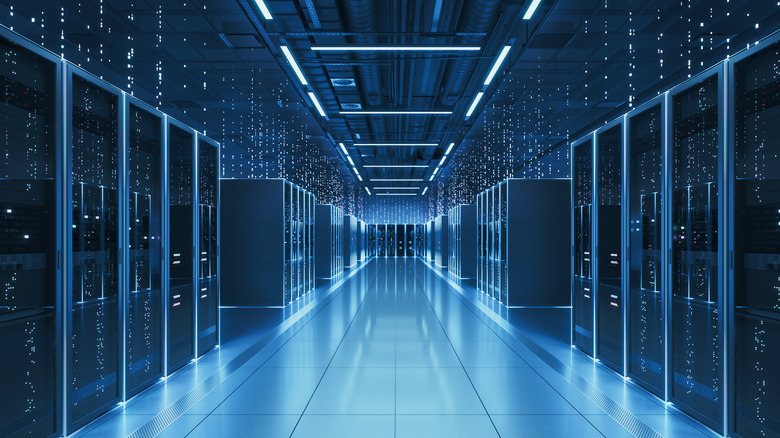 Interior view of a futuristic data center designed for artificial intelligence processing.