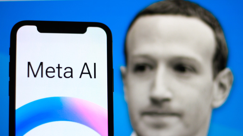 Silhouette of Mark Zuckerberg against Meta AI.