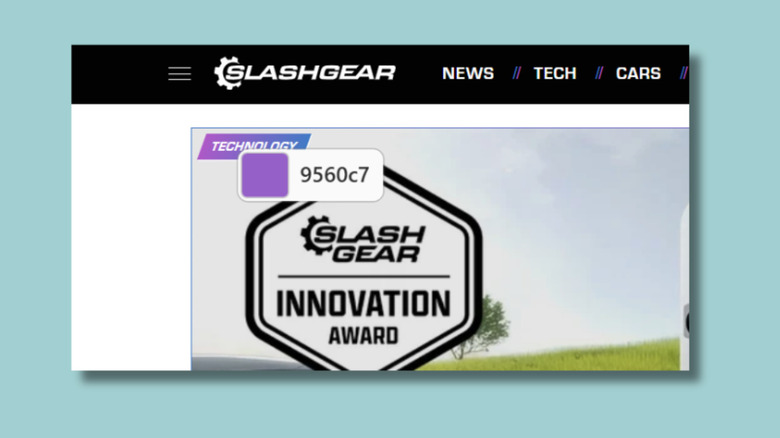 A detail from a screenshot showing the MMtech Online front page and the Color Picker hovering cursor showing the hex code for a shade of purple on the page.