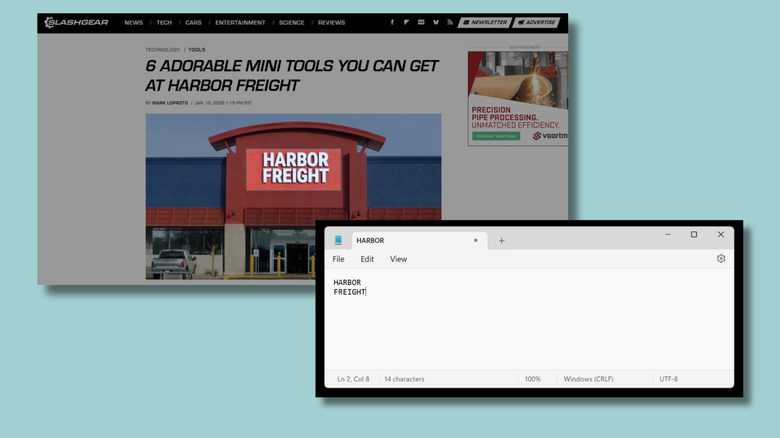 Screenshot of MMtech Online news story with a photo of a storefront with the words 'Harbor Freight' on it. Next to it is another screenshot of the Windows notepad text editor showing the words HARBOR FREIGHT