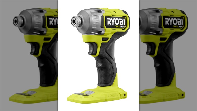 The Ryobi One+ HP 18V Impact Driver isolated on a white background with mirrored borders.