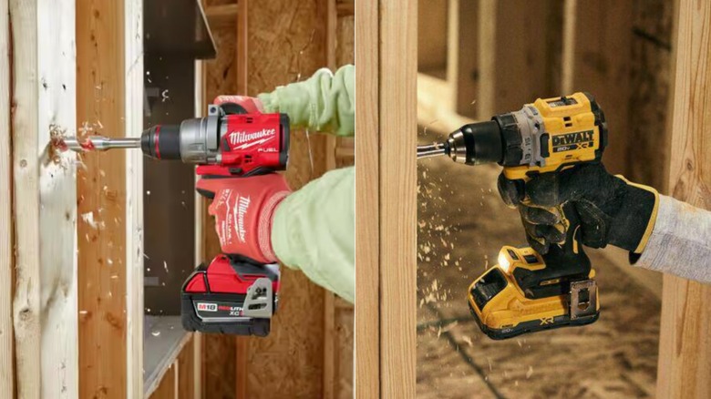 Side-by-side of M18 Fuel ½-inch Drill/Driver and 20V Max XR ½-inch Drill/Driver in use