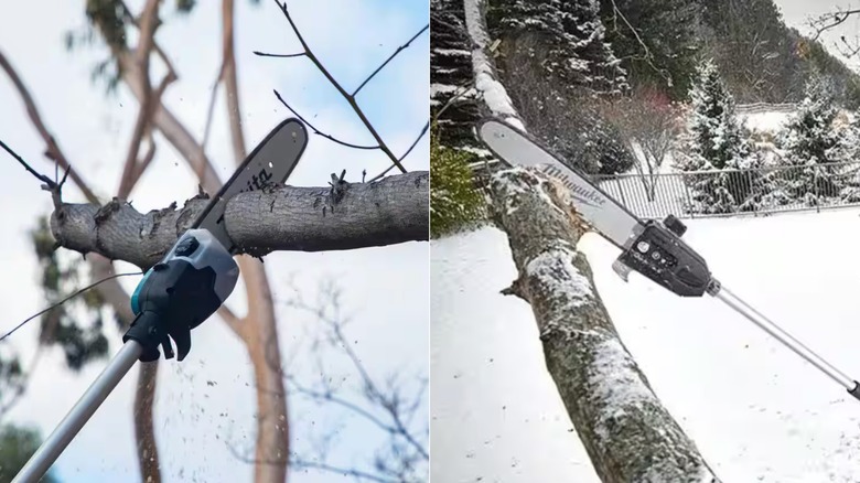 Side-by-side images of Makita and Milwaukee pole saws in use