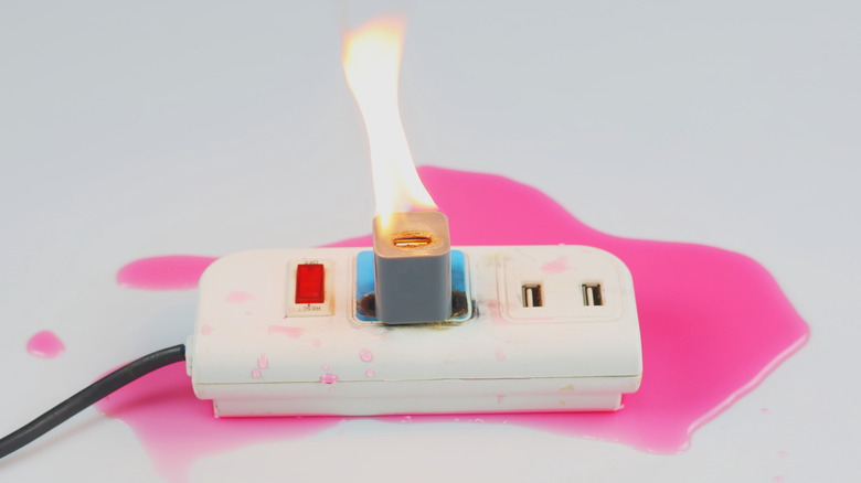 A plugged-in USB charging brick catches fire.