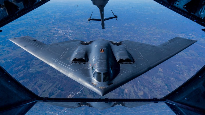 A B-2 Spirit being refueled in the air