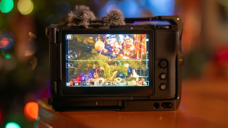 The rear display of the Nikon Zr showing ornaments on a Christmas tree.