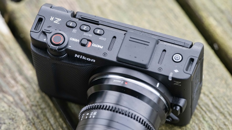 Top-down view of the Nikon Zr with a lens attached.