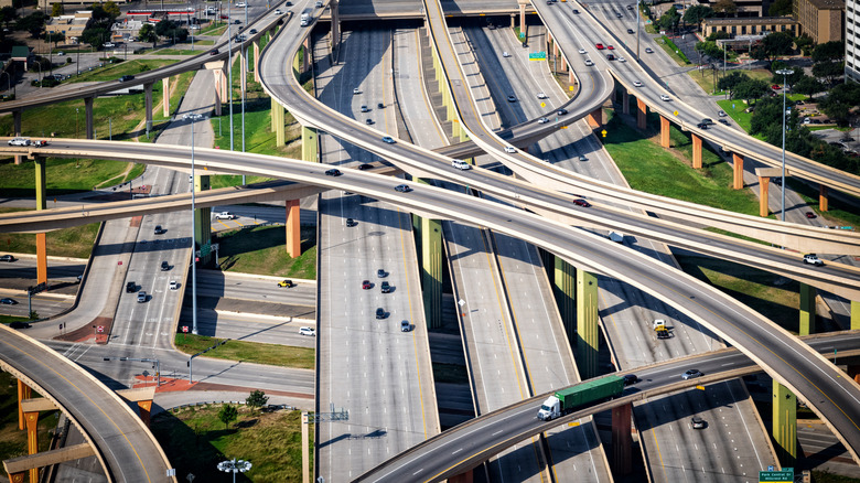 Cars speed down the High 5 interchange in Dallas, Texas.