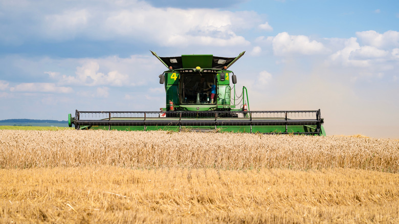 A John Deere combine in a wheat field.