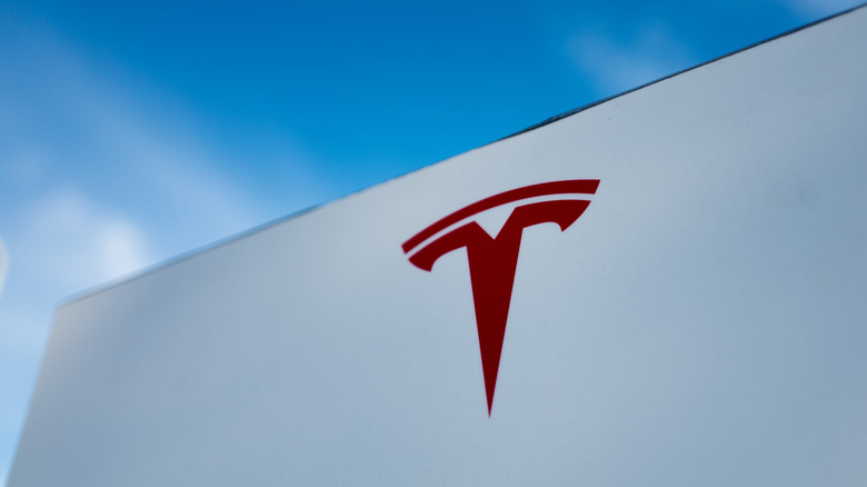 Close-up of Tesla logo on a white surface