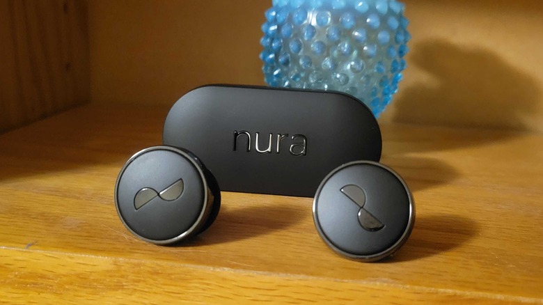 The buds on a shelf with the case