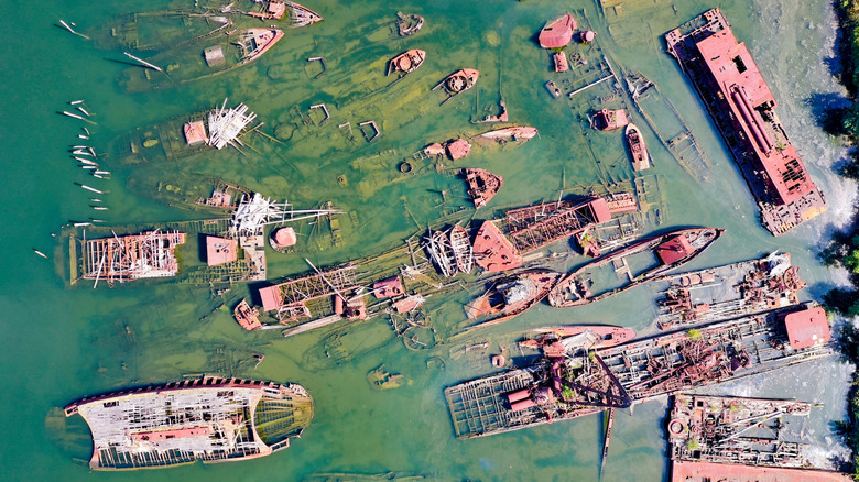 An aerial view from above of abandoned ships at Arthur Kill Boat Graveyard in Staten Island, New York.