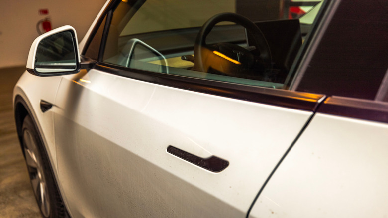 A white Tesla with a flush black driver's door handle.
