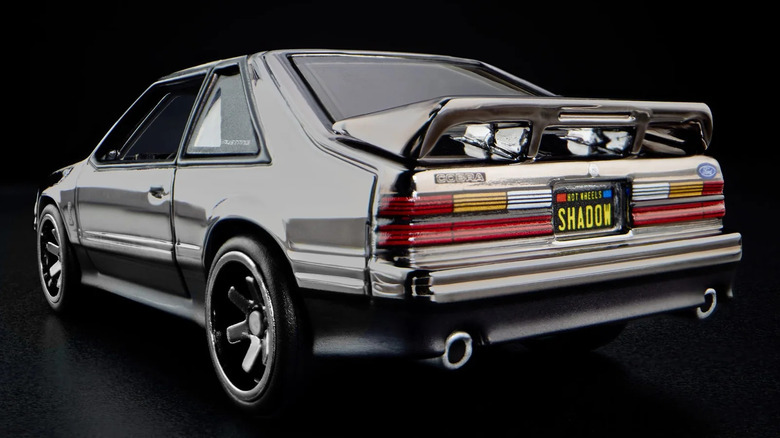 Rear-quarter studio shot of the Hot Wheels RLC 1993 Ford Mustang Cobra R