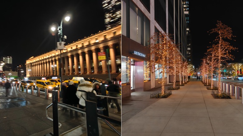 Two nighttime photos of building and a sidewalk