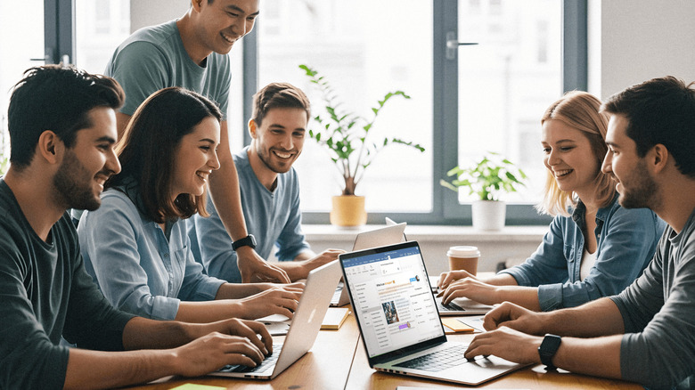 Workers gathered around a table using ONLYOFFICE