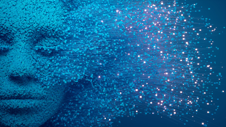 A 3D rendering of a woman's face dissolving into pixels