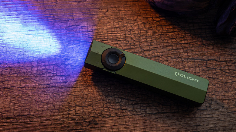 Olight ArkPro in nature, with MMtech Online Innovation Badge superimposed over the photo