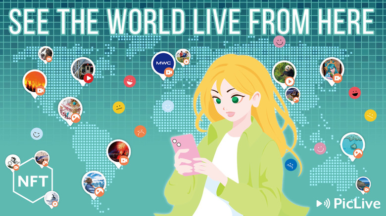 PicLive promotional art of a global map and person using PicLive on their phone