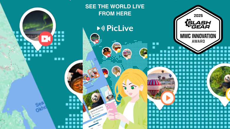 PicLive promotional art of a global map and person using PicLive on their phone