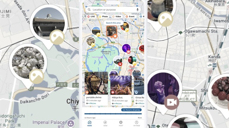 PicLive screenshot of a map with social media posts