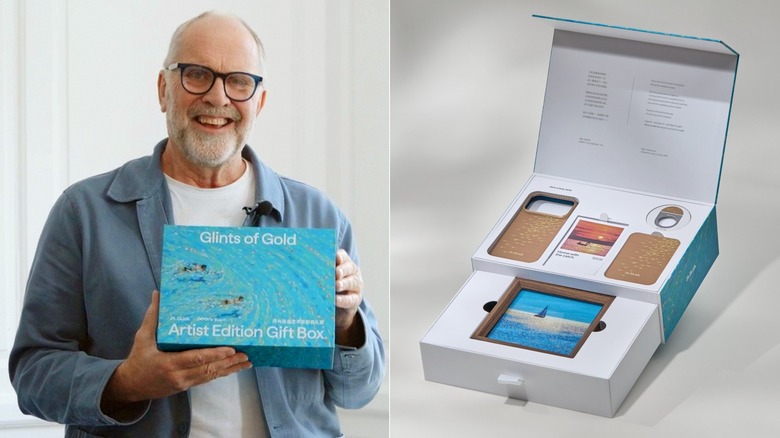 Artist Gordon Hunt holding the PITAKA Glints of Gold Gift Boxon left and the contents of the box on the right