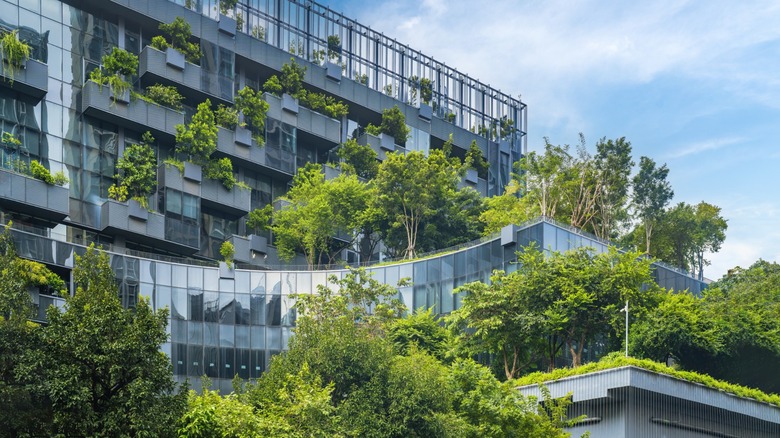 A modern building incorporating lots of greenery.