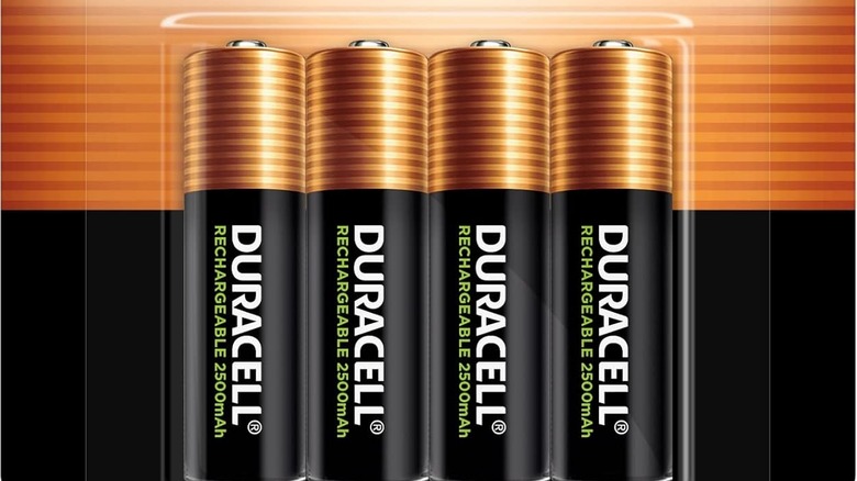 Four Duracell rechargeable batteries in their package.