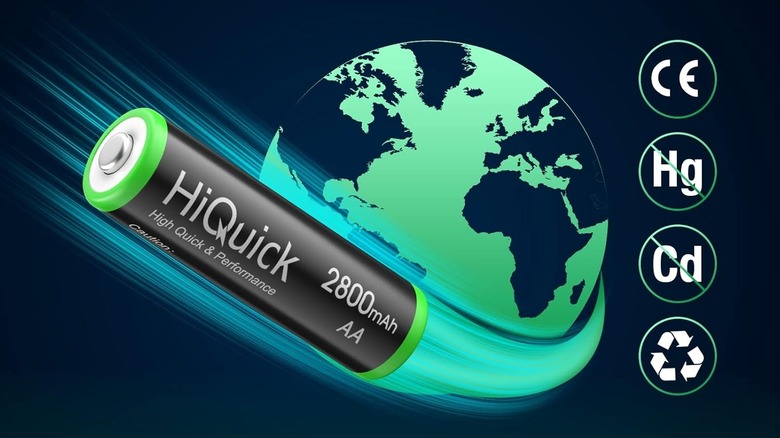 Picture of a HiQuick battery flying around a stylized globe.
