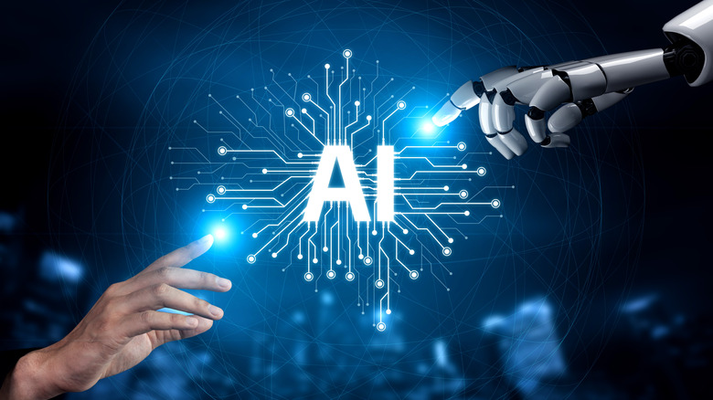 AI graphic with human and robot reaching out