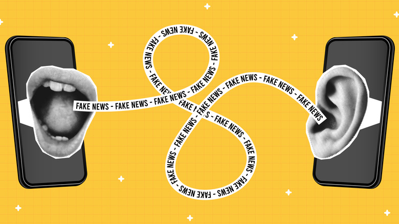 Illustration of fake news emanating from a mouth to an ear