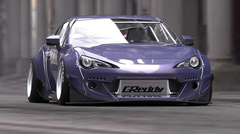 Purple Subaru BRZ Rocket Bunny V2 parked in front of stone columns