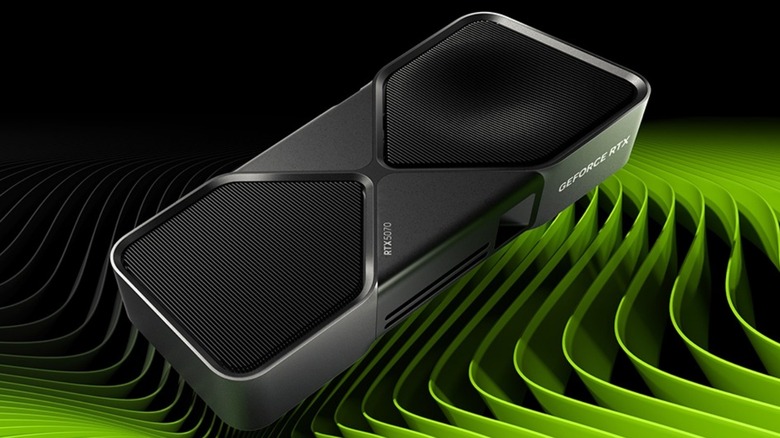 Nvidia 5070 GPU on green wave graphic