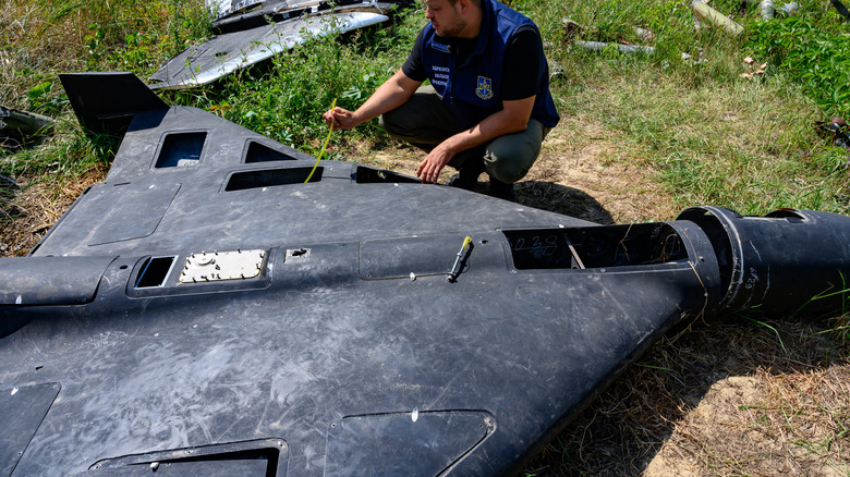 The wreckage of a Russian-made, Iran-designed Shahed-136 drone, known as a Geran-2