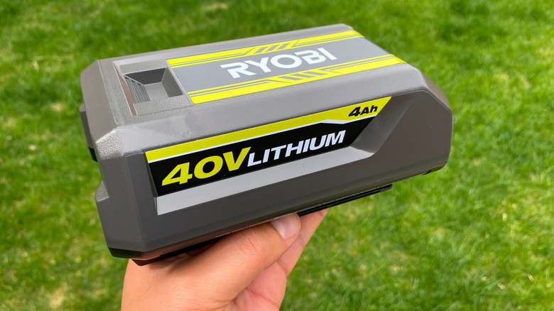A top side view of a rechargeable Ryobi 40V 4.0 Ah Lithium-Ion Battery.