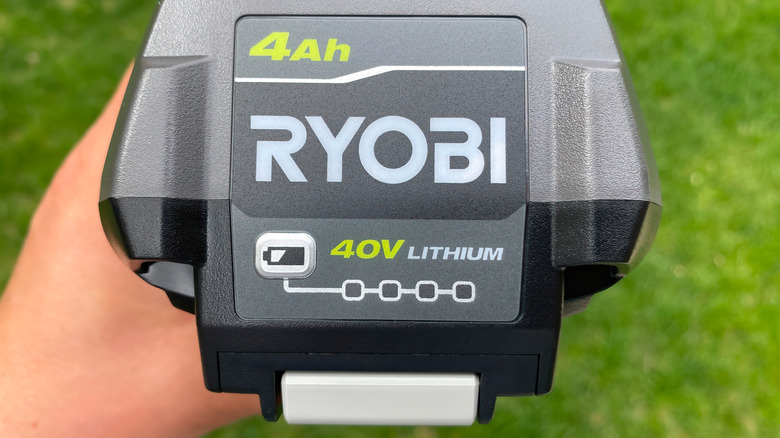A front view of a rechargeable Ryobi 40V 4.0 Ah Lithium-Ion battery.