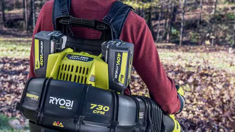 Two 40V High Capacity Ryobi batteries powering professional grade backpack blower